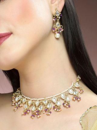 Karatcart Gold Plated Pink and Purple Crystal Kundan Necklace Set for Women