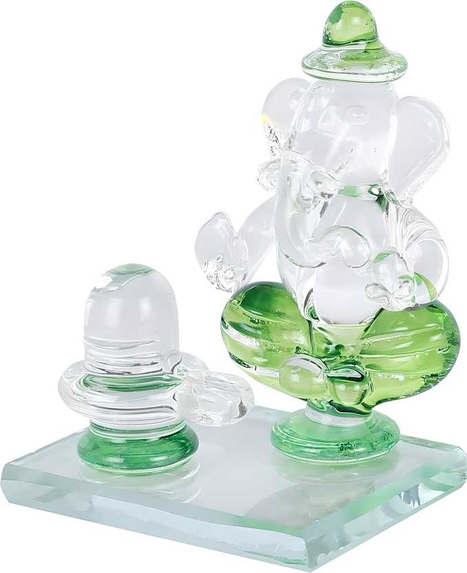 Crystal Ganesh Idol with Shivling Design Divine Car Dashboard Showpiece - 6.5 cm��(Crystal, Green)