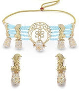 Karatcart White Designer Tumble Light Blue Crystal Beaded Kundan Choker Necklace Set