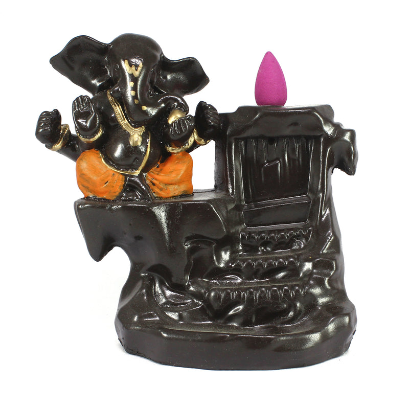 eCraftIndia Lord Orange Ganesha Smoke Backflow Cone Incense Holder Decorative Showpiece with 10 free Smoke Backflow Scented Cone Incenses